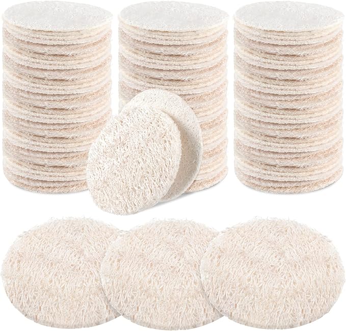 Bokon 100 Pcs Natural Loofah Exfoliating Face Pads 2.36 Inch Round Facial Scrubber Sponges Bulk Cleansing Discs for Face Body Bath Shower Spa Dead Skin Removal for Women Men