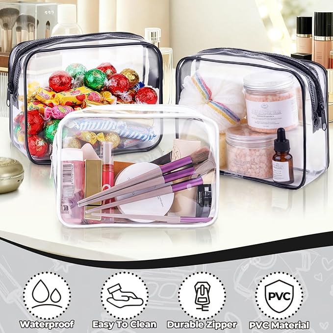 CHICAUP 6 Pieces Clear Makeup Bags Bulk TSA Approved Toiletry Bag for Travel PVC Waterproof Clear Cosmetic Pouch with Zipper for Men and Women Carry-on Travel Essentials (Black)