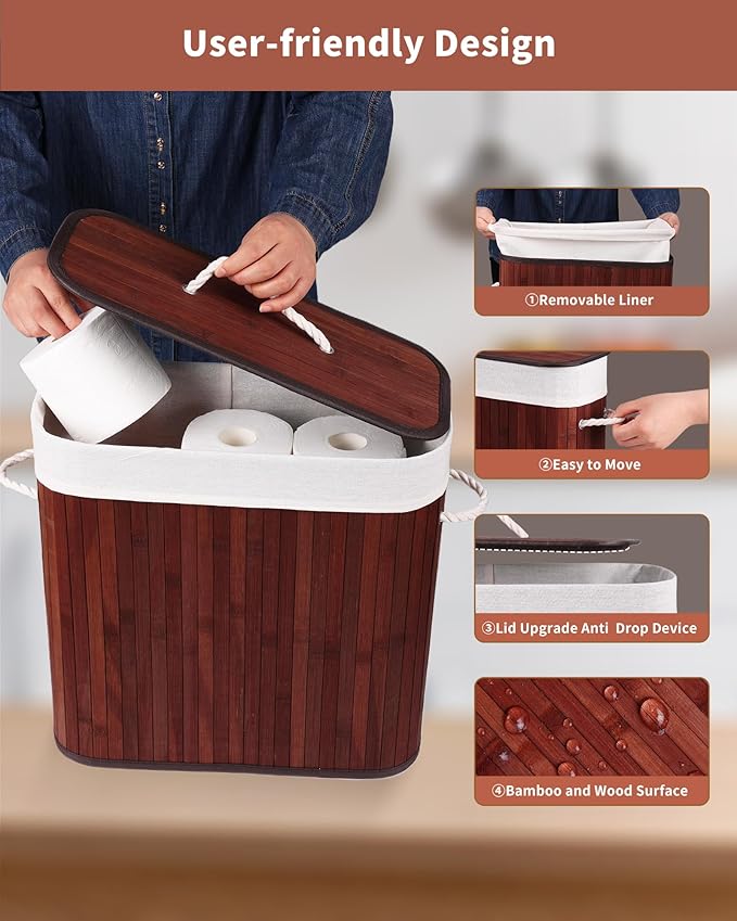 Bamboo Toilet Paper Storage with Lid & Handel, 8 Gallons (30L), Sturdy Toilet Paper Basket, Organizer for Bathroom, Kitchen, Holder with Storage, Brown