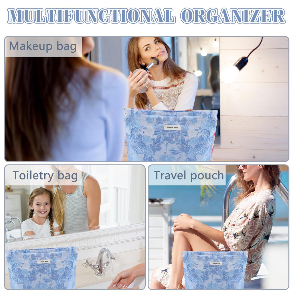 ZLFSRQ Flower Makeup Bag Travel Cute Floral Cosmetic Bags for Women Large Toiletry Pouch Zipper Cosmetic Pouch for Purse Aesthetic Embossed Blue Makeup Organizer Bag Portable Toiletry Bags