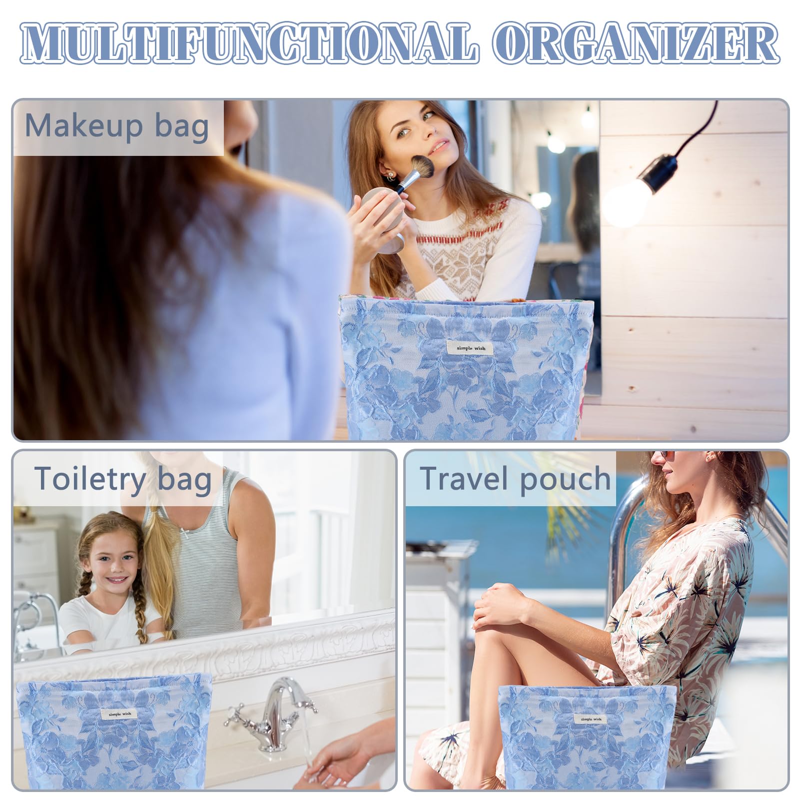 ZLFSRQ Flower Makeup Bag Travel Cute Floral Cosmetic Bags for Women Large Toiletry Pouch Zipper Cosmetic Pouch for Purse Aesthetic Embossed Blue Makeup Organizer Bag Portable Toiletry Bags