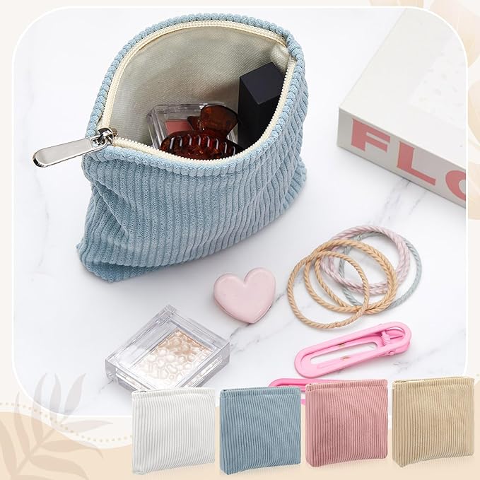 Abbylike 4 Pcs Small Makeup Bag Corduroy Cosmetic Pouch with Zipper Portable Little Bags for Purse Mini Pouch Cute Makeup Purse for Coin Essentials Items Women (Solid)