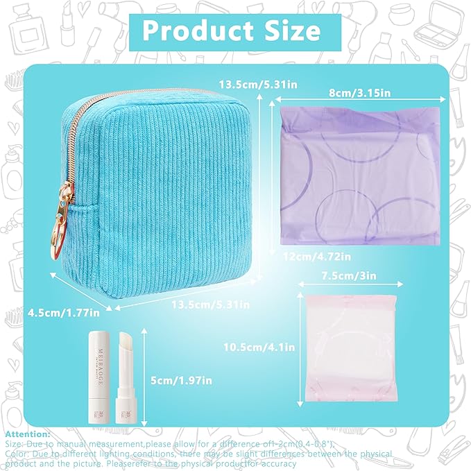 Period Bag for Girls, Corduroy Sanitary Napkin Storage Bag, Period Pouch & Tampon Holder, Feminine Care Organizer（Sky Blue）