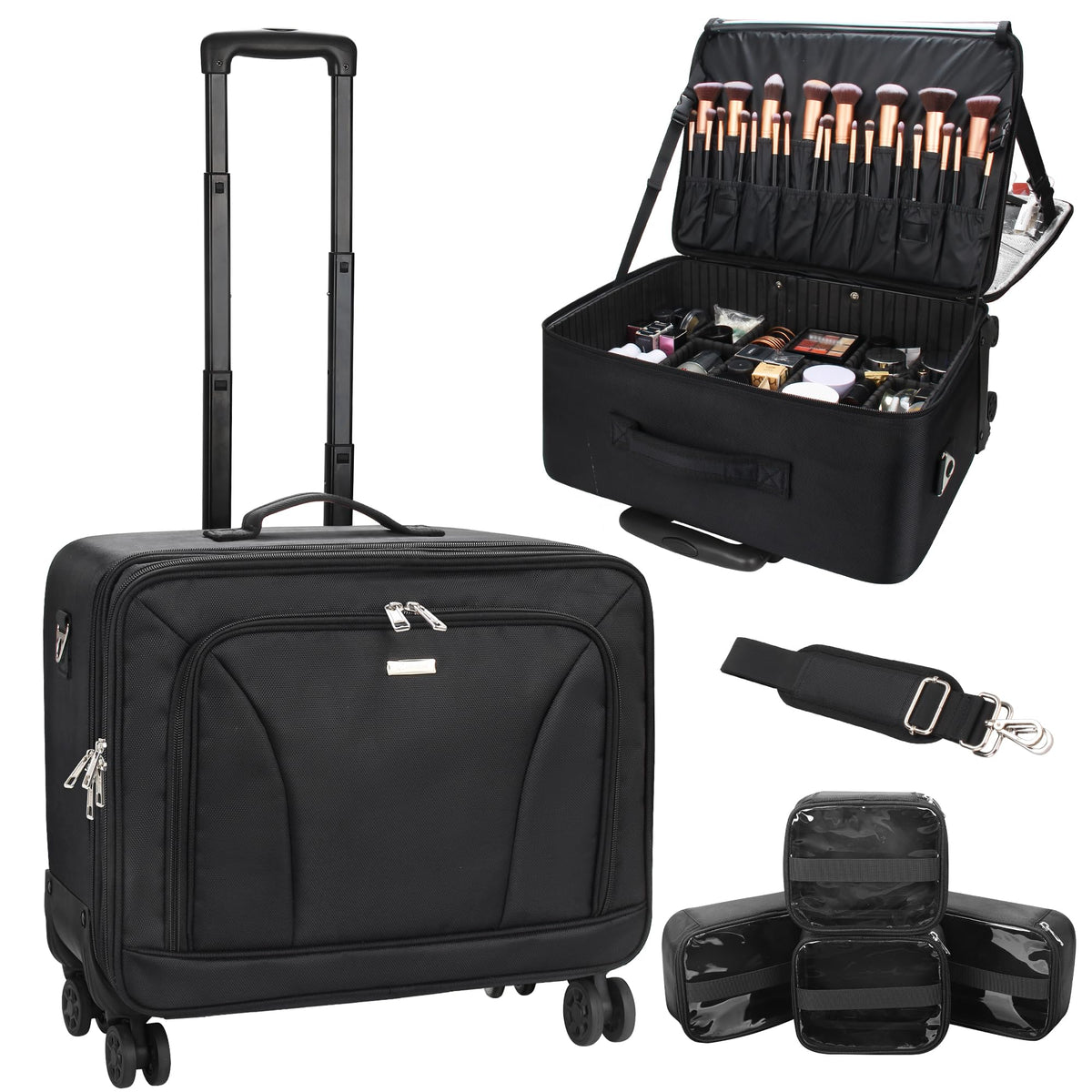 MONSTINA Rolling Makeup Train Case, Cosmetology Case on Wheels Makeup Artist Bag Professional Cosmetics Beauty Hairdresser Bag Hairstylist Cosmetic Bag with 4 Bags Extra Large Makeup Bag with Wheels