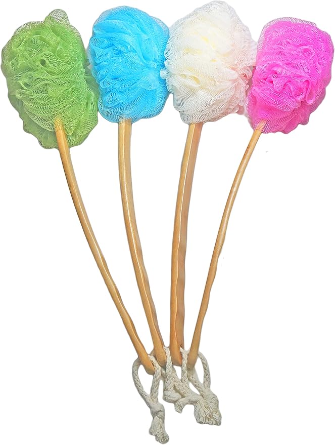 4 Pack Shower Loofah Body & Back Scrubber - Exfoliating Loofah luffa loofa Bath Brush On a Stick - with Long Wooden Handle Back Brush for Men & Women - Easy Reach Body Wash & Lotion Applicator