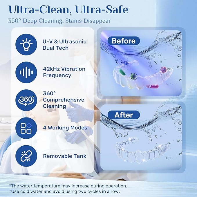 Ultrasonic Jewelry Cleaner Machine with Purifying Light, Detachable Retainer Cleaner for Jewelry, Retainers, Dentures, 42kHz Ultrasonic Cleaner with 3 Modes, Waterproof, for family, White