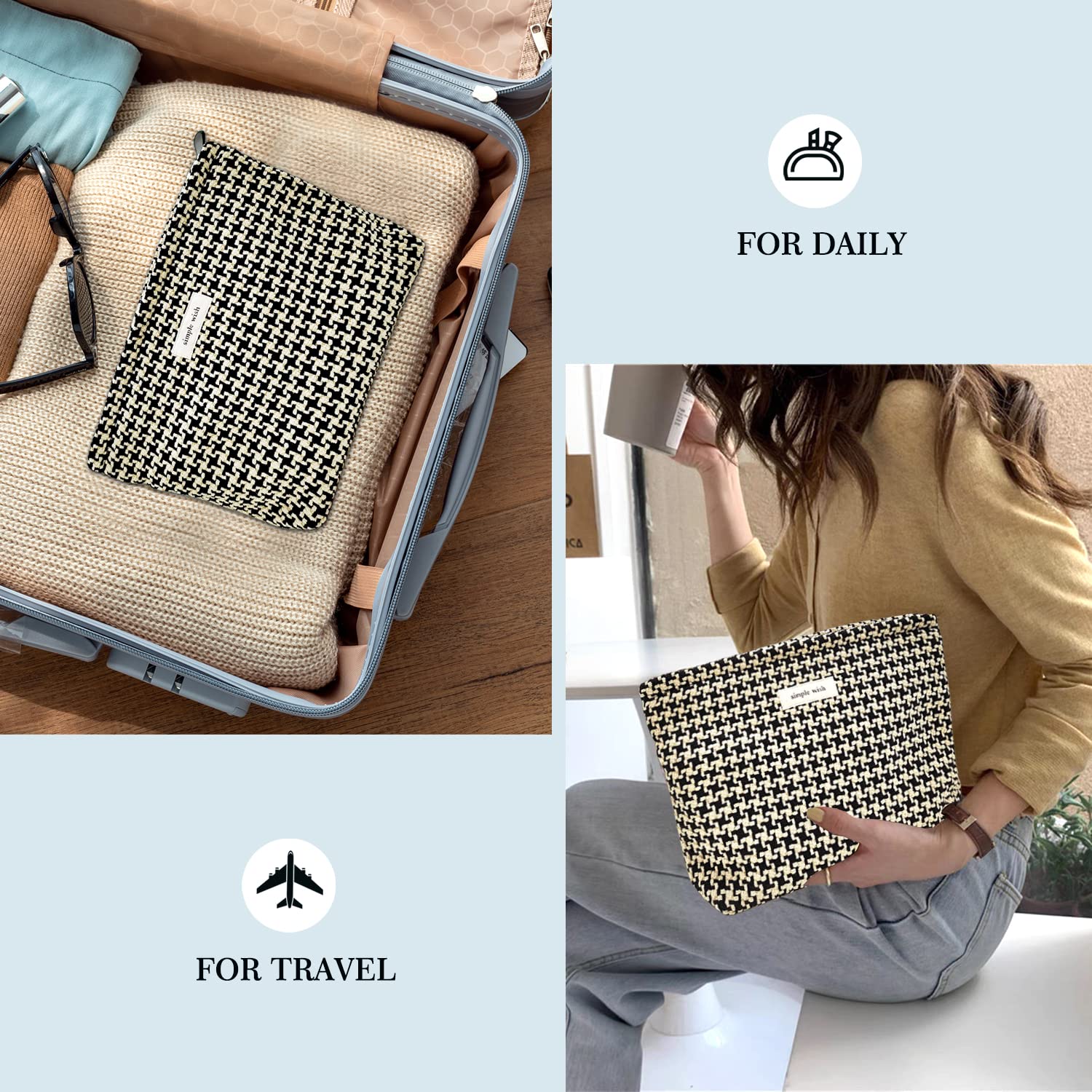 STARDW Parallel Checkered Makeup Bag Cute Cosmetic Bags for Women Girls, Travel Toiletry Bag Large Capacity Zipper Makeup Pouch, Purse Organizer Pouches(Checkered)