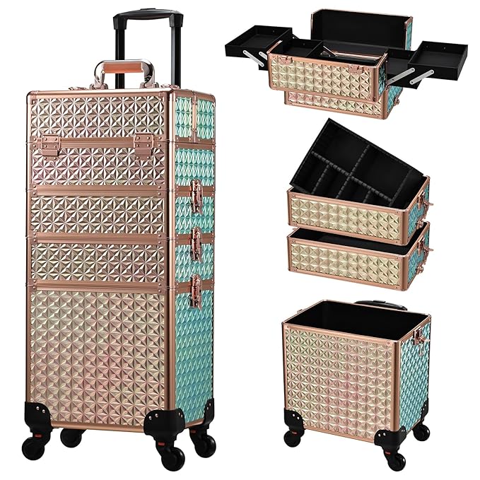 Stagiant Rolling Makeup Case Cosmetology Case on Wheels 4 in 1 Large Cosmetic Organizer Train Case Makeup Travel Case with Key Swivel Wheels Nail Artist Salon Storage Traveling Cart Trunk Rose Gold
