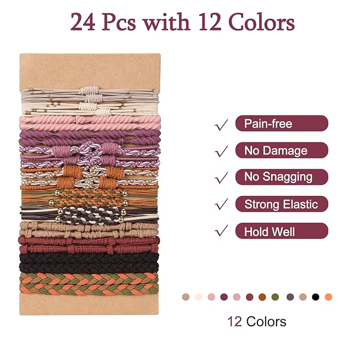 Hair Ties Bracelet Boho Hair Tie for Women Thick Hair, Lolalet Super Cute Soft Braided Hair Elastics Bands, Strong No Pull Nylon Hair Ponytail Holder for Thin Long Curly Hair -24 Pcs, Style B