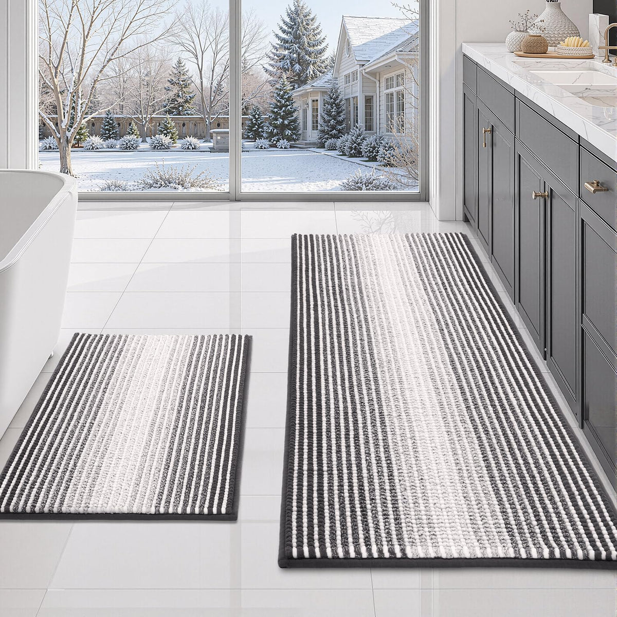 BSICPRO Bathroom Rugs Sets 2 Piece, Non Slip Striped Bath Mats, Navy