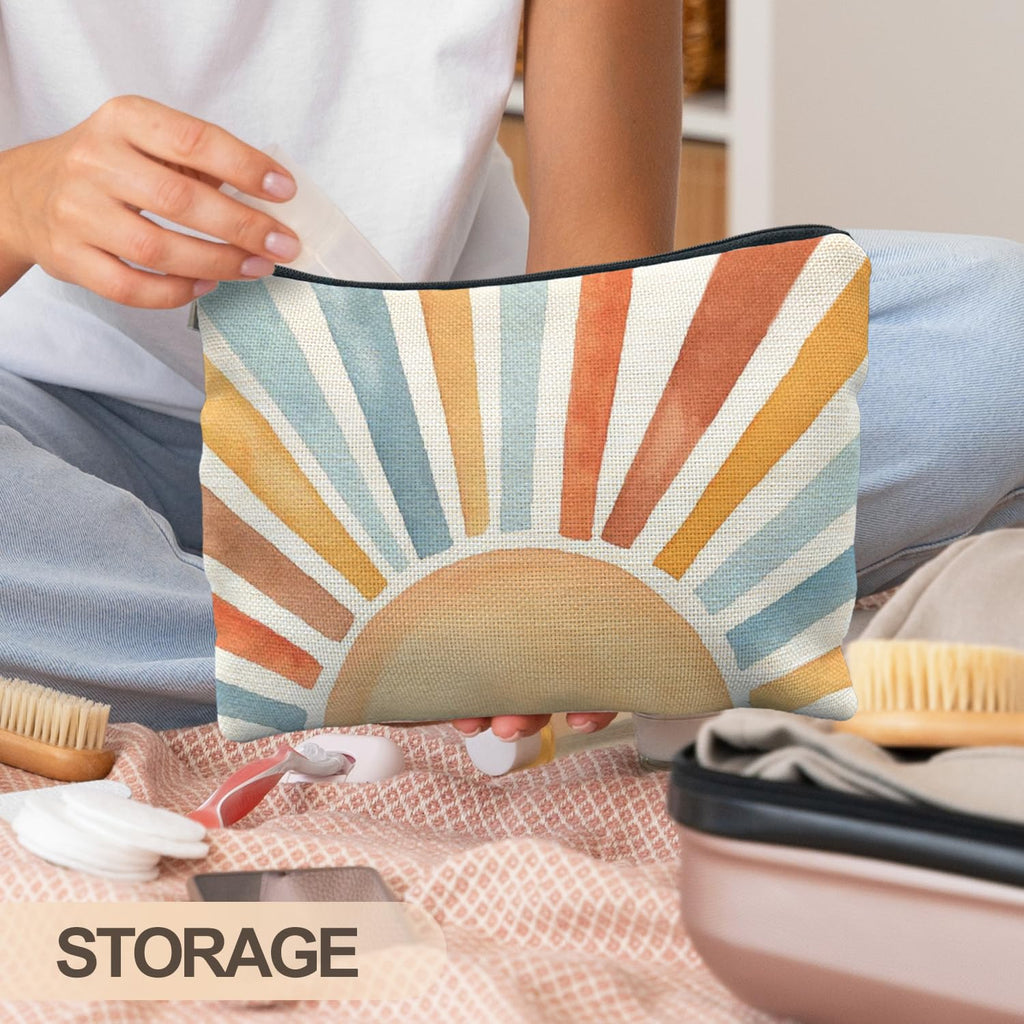 RYYCDOI Vintage Boho Colorful Sun Sunrise Sunset Makeup Bag, Sunshine Gifts Cosmetic Bags for Women, Boho Gifts for Women, Retro Mid Century Modern Art Zipper Makeup Pouch