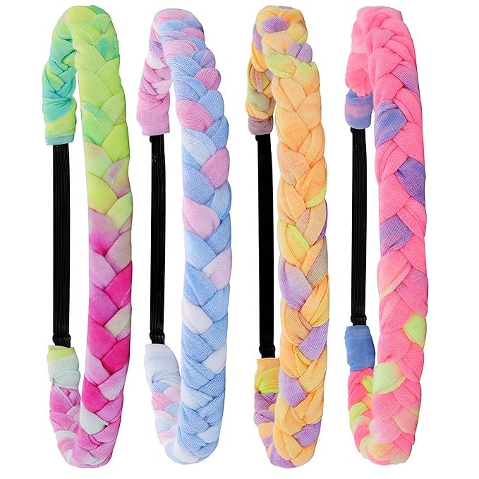 FROG SAC 4 Braided Headbands for Girls, Adjustable Rainbow Tie Dye Braid Head Bands for Kids, Stretch Elastic Cloth Fabric Hairbands Accessories for Women, Teen Easter Basket Fillers Stocking Stuffers