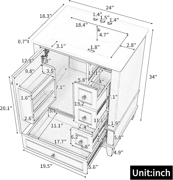 24" Bathroom Vanity with Sink, Harper & Bright Designs Free Standing Single Vanity Set with 3 Drawers and One Door with Storage Racks, Wooden Storage Cabinet with Ceramic Basin for Bathroom, Blue Grey