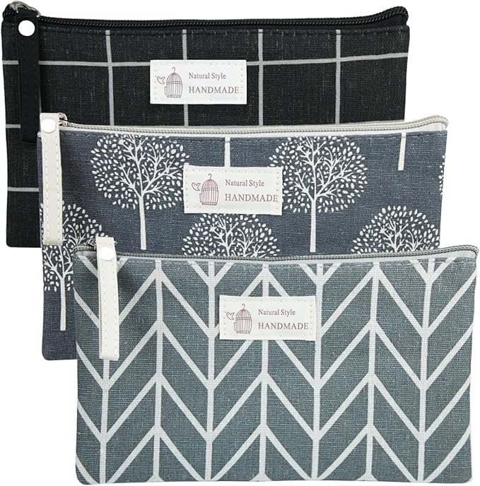 SHEHARUHI 3 Pcs Canvas Makeup Bags Set Cosmetic Small Bag Printed Cute Vacation Travel Toiletry Purse Zipper Pouch Multi-Function Bag Women Girls Favor