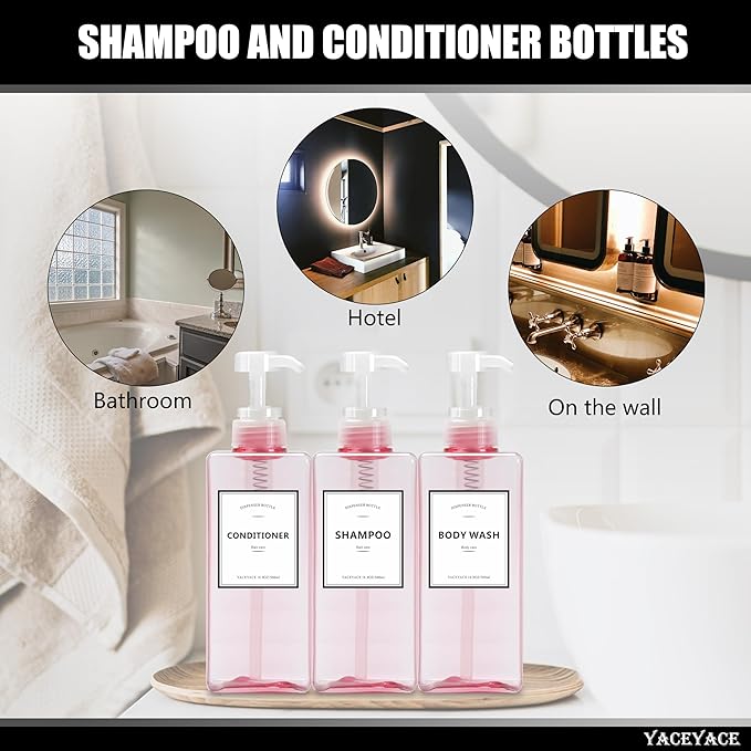 YACEYACE Pink Shampoo and Conditioner Set of 3, 16.9oz Clear Shampoo Bottles with Pump Dispenser, Body Wash Dispenser, Shower Bottles