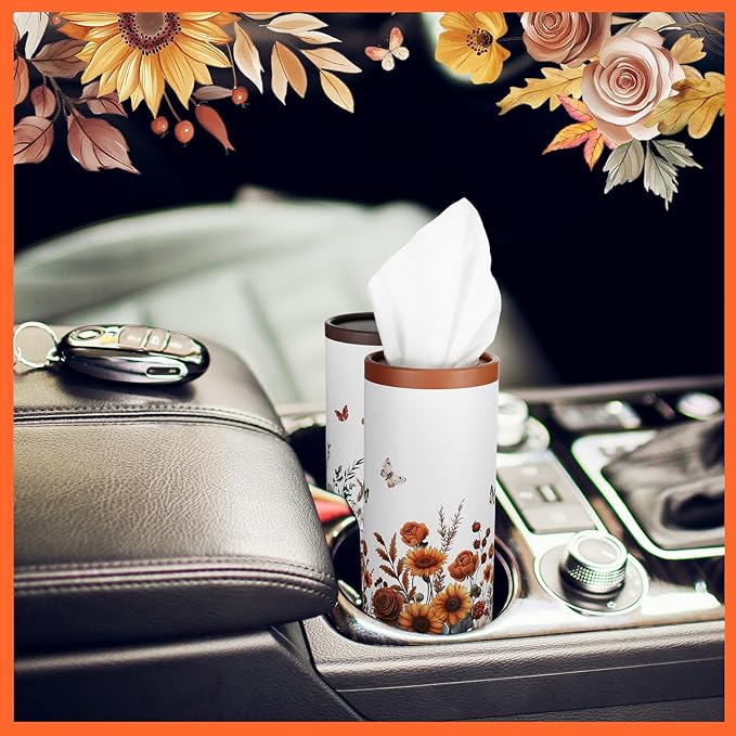 Fourluoo 12 Pack Spring Floral Tissue Boxes for Car Cylinder Bulk Wildflower Round Cylinder Holder with 3 Ply Facial Tissues for Spring Travel Bathroom Office Decoration Supplies