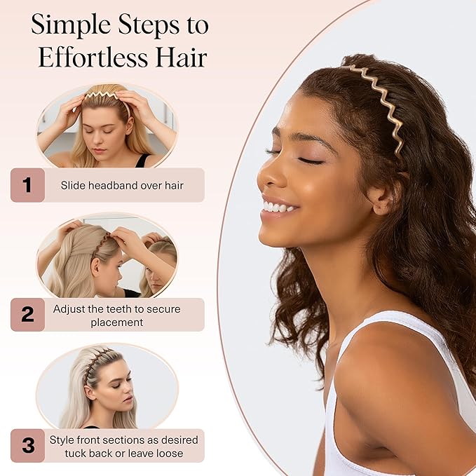 Kitsch Zig Zag Headbands for Women – Fashion Accessories for Slicked Back Styles - Comfortable Wavy Headbands | Comb Headband with Teeth - Neutral - 2 pcs