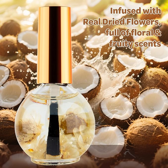 Cuticle Oil, Coconut Cuticle Nail Oil Infused with Real Flowers 15ml