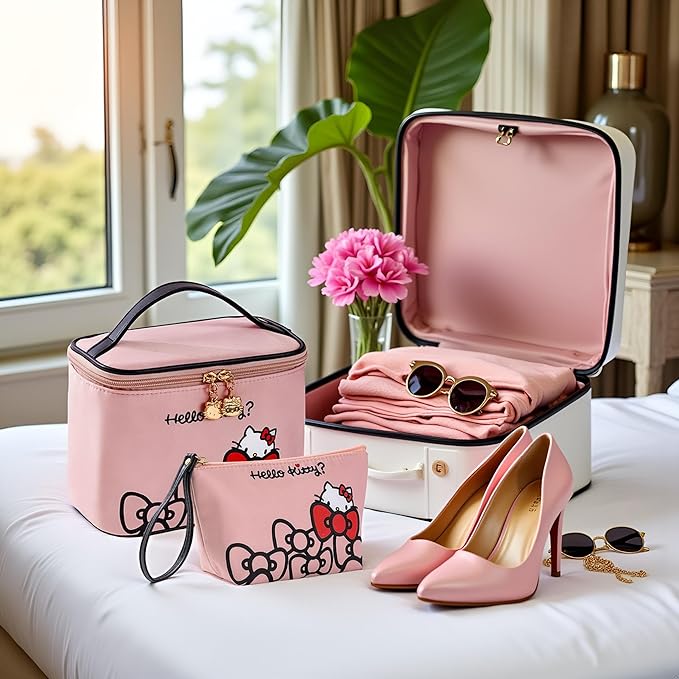 Vimanllie Travel Makeup Bag Large Cosmetic Bags with Brush Holder,Pink Waterproof 2PCS Portable Cosmetic Case for Women,Toiletry Bag for Skincare&Beauty Tools for Her