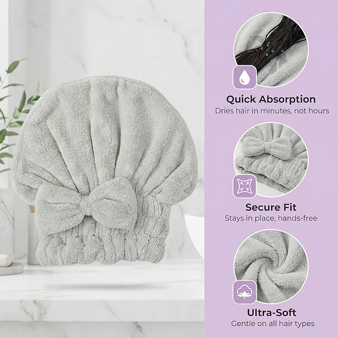 Microfiber Hair Towel for Travel, Quick Drying Hair Turban with Bow, Super Absorbent Anti Frizz Hair Wrap for After Shower, Lightweight Hair Cap for Women Curly Thick Hair (One Pink + One Green)