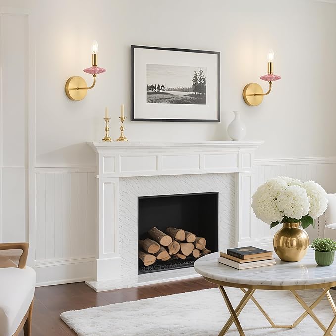 Modern Retro Wall sconces Set of Two with Pink Ceramic Flower Decoration,Brushed Gold Wall Lights, Hardwired Vintage Vanity Light for Bathroom, Living Room, Bedroom, and hallways.