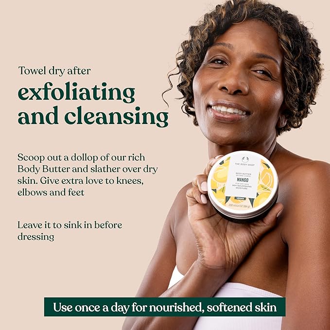 The Body Shop Body Butter | 96hr Nourishing Moisture for Dry Skin | Non-Greasy with Shea Butter for Smoother Softer Skin, Vegan, 200 ml / 6.4 oz (Mango)