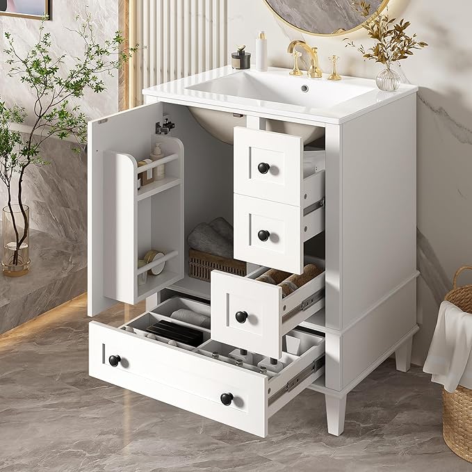 Bellemave 24" Bathroom Vanity with Sink Combo Set, Solid Wood Frame Bathroom Storage Cabinet with 3 Drawers, Soft Closing Cabinet Door with Organizer, White
