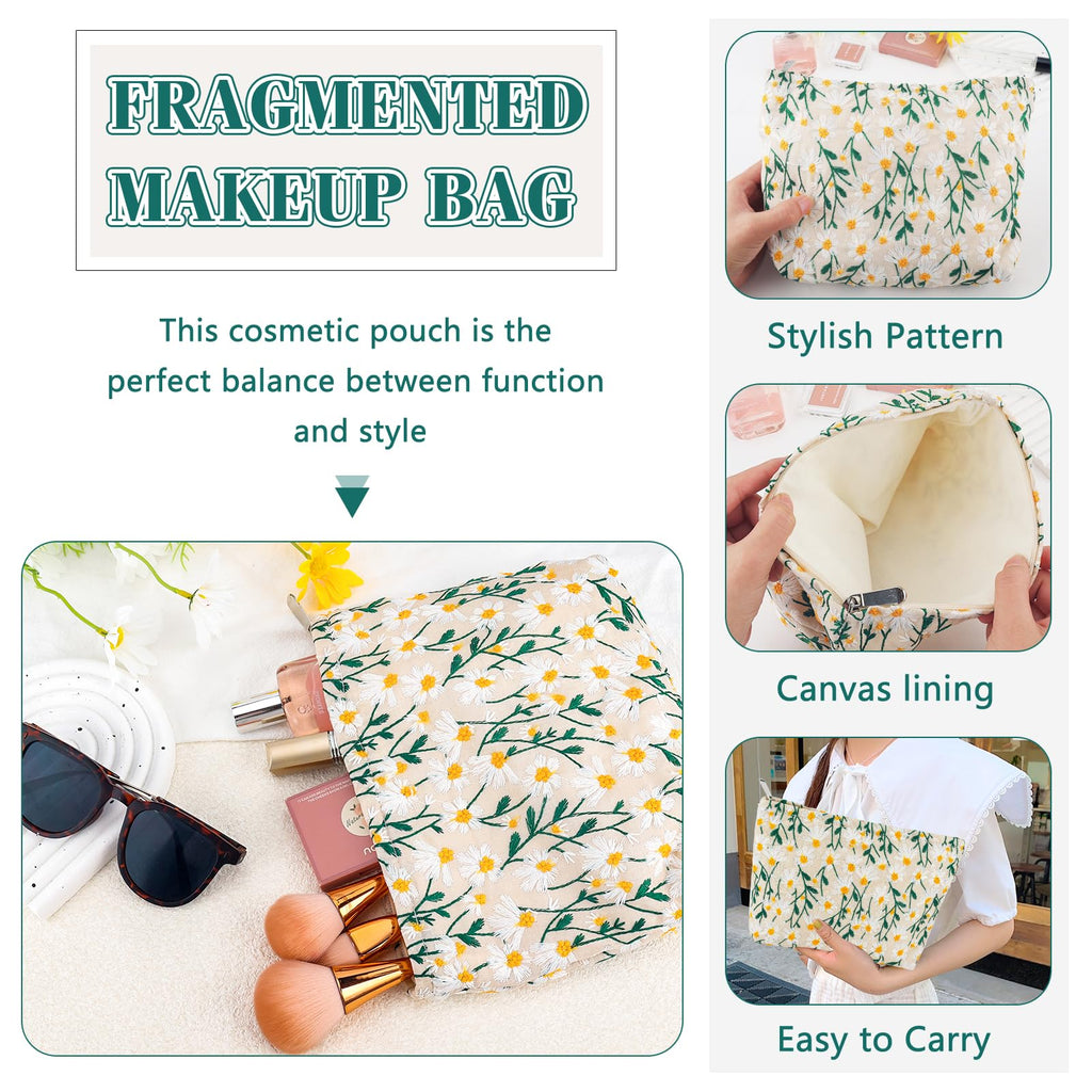 ZLFSRQ Daisy Flower Makeup Bag Travel Cute Floral Cosmetic Bag for Women Girls Small Embroidery Makeup Zipper Portable Storage Toiletry Pouch for Purse Aesthetic Christmas Essential Cosmetic Organizer