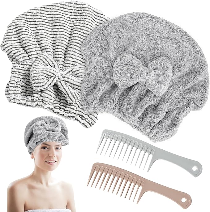 HMIEPRS 2 Pack Microfiber Hair Towel Cap, Quick Drying Cap Soft Absorbent Towel and 2 Combs for Curly Long Thick Dry or Wet Hair (Stripe and Gray)