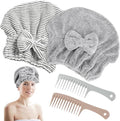 HMIEPRS 2 Pack Microfiber Hair Towel Cap, Quick Drying Cap Soft Absorbent Towel and 2 Combs for Curly Long Thick Dry or Wet Hair (Stripe and Gray)