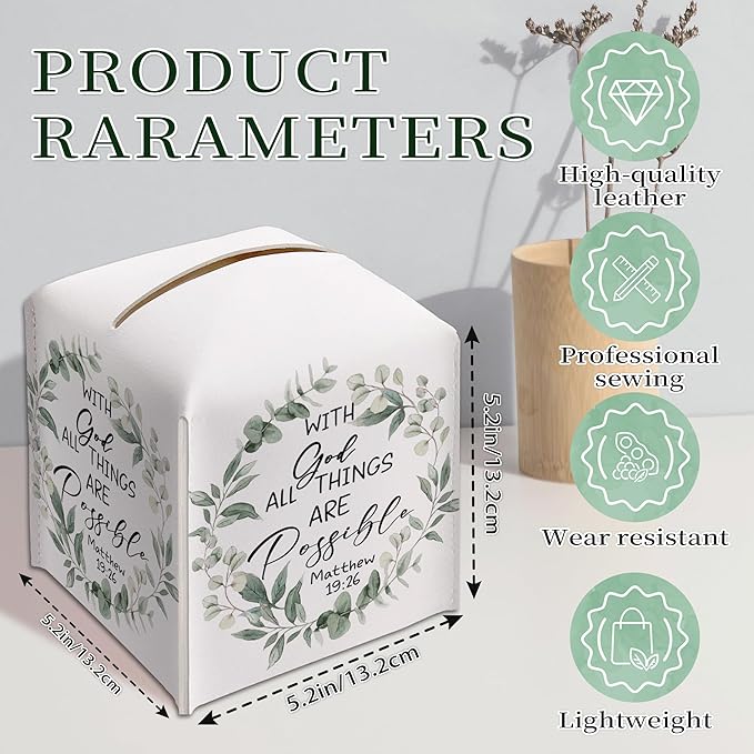 Eucalyptus Bible Verse Tissue Box Cover, PU Leather Drawstring Bottom - God Bible Verse, Eucalyptus Wildflower Decor, Thank You, Farewell, for Friends, Colleagues, Christians | Decorative Organizer