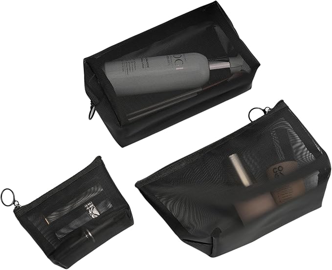 TOPASION Portable Mesh Makeup Bag with Zipper Small Travel Toiletry Bag Lightweight Cosmetic Pouch (Black 3 Piece Set)