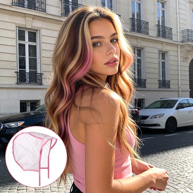 12 Pcs Highlighting Caps with Hooks, 4 Sets of Pink Hair Coloring Frosting Dye Kits with 3 Metal Hook and 2 Hair Dye Brush for Salon Hair Dyeing Hairdressing and DIY Dyeing Hair, Pink Highlight Cap