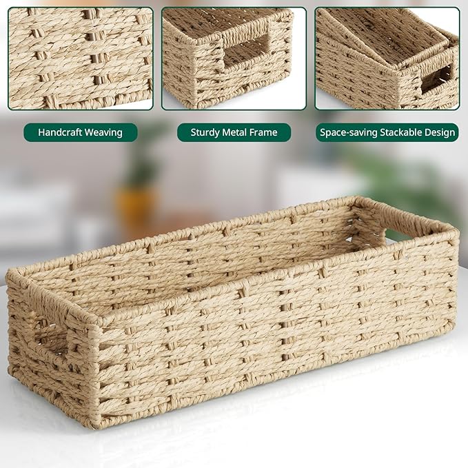 dreamkey Set of 2 Wicker Toilet Paper Storage Baskets, Hand-Woven Paper Rope Bathroom Organizer for Toilet Tank Top & Countertop, Decorative Nesting Baskets with Handles, Beige