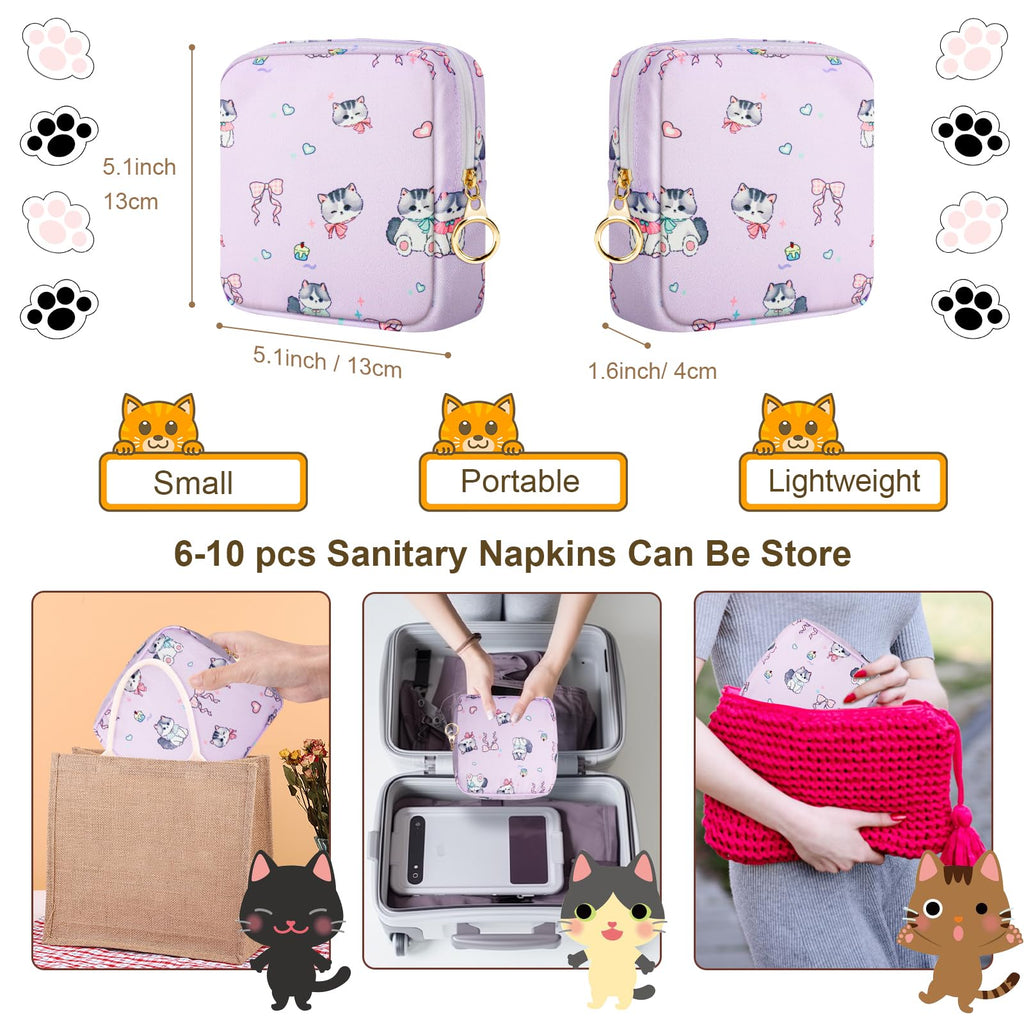 Likesing Tampon Holder for Purse, Canvas Period Bag Pouch-Bow-Tie Wink Cat