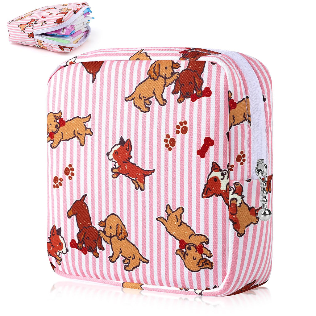 Desing Wish Sanitary Pad Storage Bag Portable Period Bag for Teen Pads/Sanitary Napkins/Small Tampons, Sanitary Napkin Storage Bag First Period Gifts for Teen Girls (Pink Striped Dog)