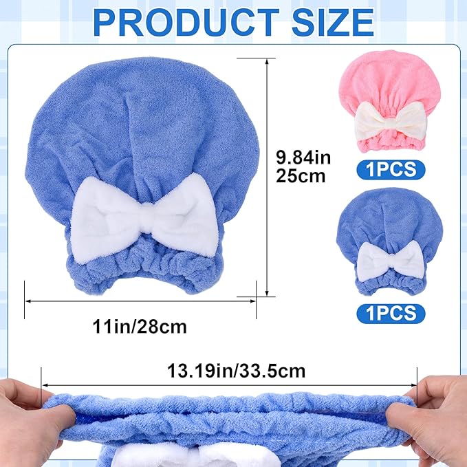 YALOJE 2 Pcs Hair Towel Wrap for Women, Microfiber Quick-Drying Hair Towel, Super Absorbent Soft Towel Wrap for Wet Hair Caps with Bow for Women Bathroom Bag- Pink, Blue