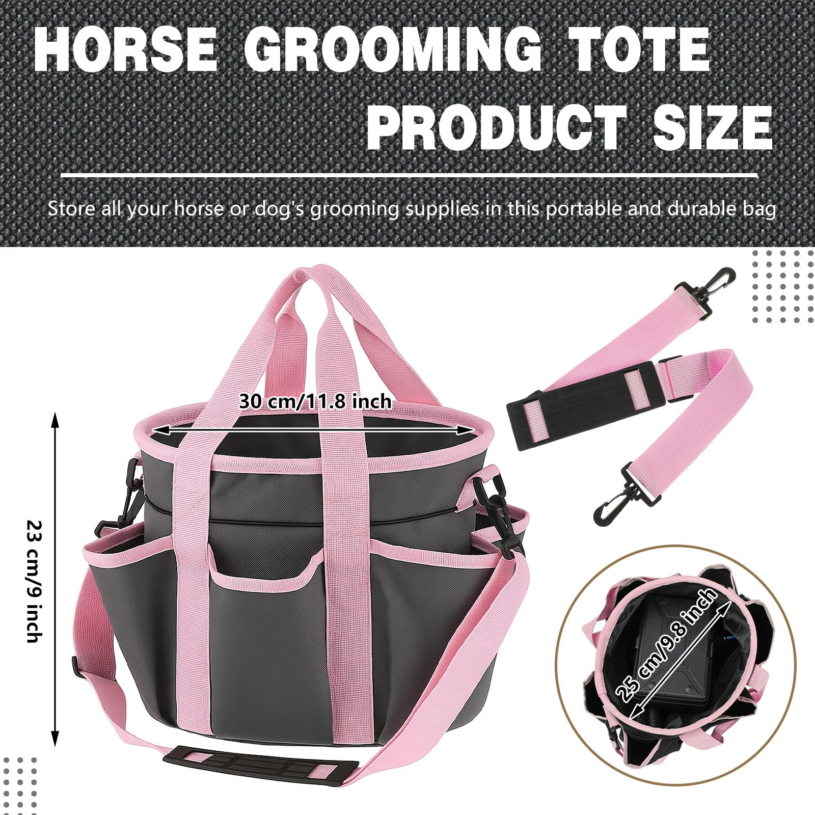 Abbylike Grooming Tote Bag for Horses and Dogs Organize Tack Tools Equestrian Grooming Kit Care Portable with Multiple Pockets for Supplies(Stylish,10.63 x 10.63 x 9.45 Inch,Grey and Pink)