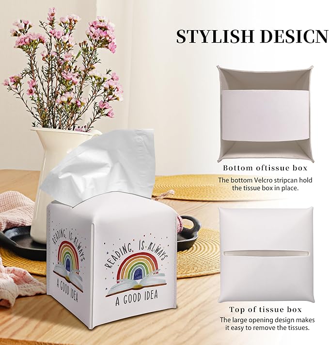 Grace Yonks Cute Tissue Box Cover Square - Rainbow & Book “Reading is Always a Good Idea” Design 5.2" PU Leather Holder for Vanity, Desk, Bathroom Counter - Cube Case for Facial Tissues(016)