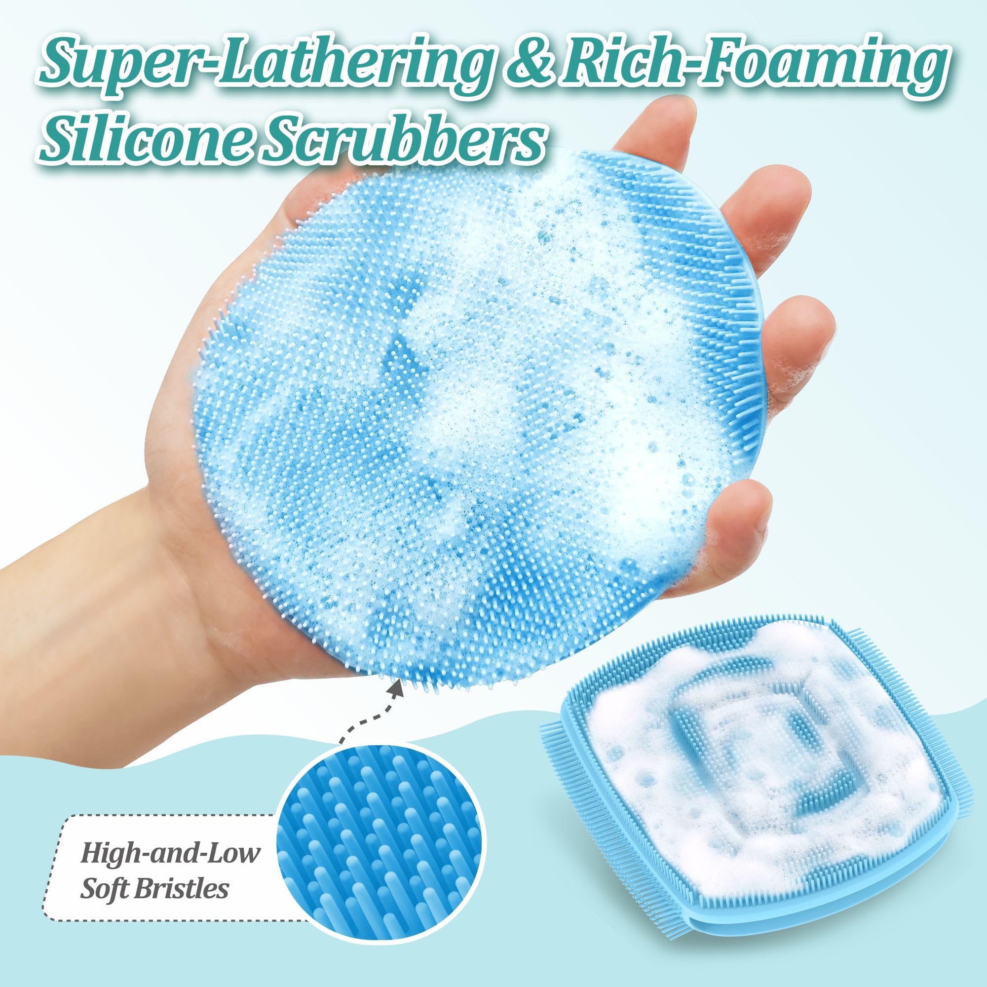 GEENOA Silicone Bath Glove & Face Scrubber Set 2PCS, 360° Anti-Slip & Hand-fit Body Scrubber for Rich Foaming Deep Cleaning, Unique Facial Scrubber with Side-bristles for Contoured Areas.(Blue)