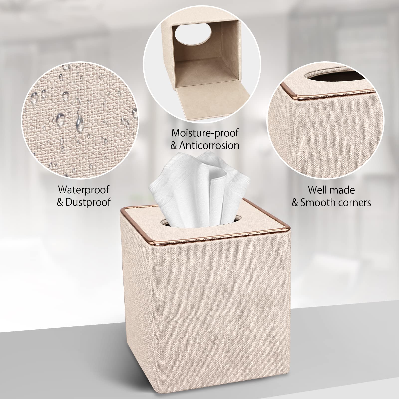 Tissue Box Cover, PU Leather Tissue Box Holder Square Box Covers for Home/Office/Car Decoration 5.3"X5.3"X5.8" - Beige