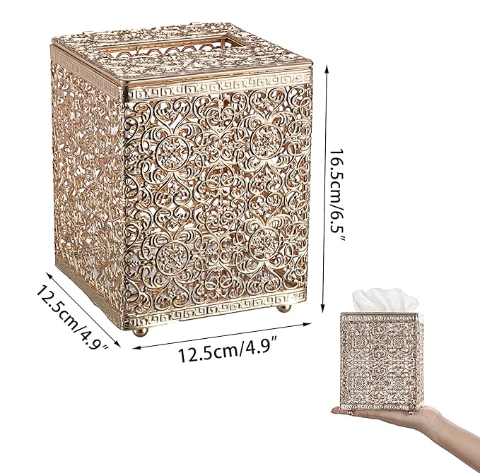 Sumnacon Tissue Box Cover Square Tissue Box with Lid, Metal Tissue Box Holder Stylish Tissue Cover Cube Tissue Box Cover for Bathroom Toilet Kitchen Table Desk Home Office, Gold