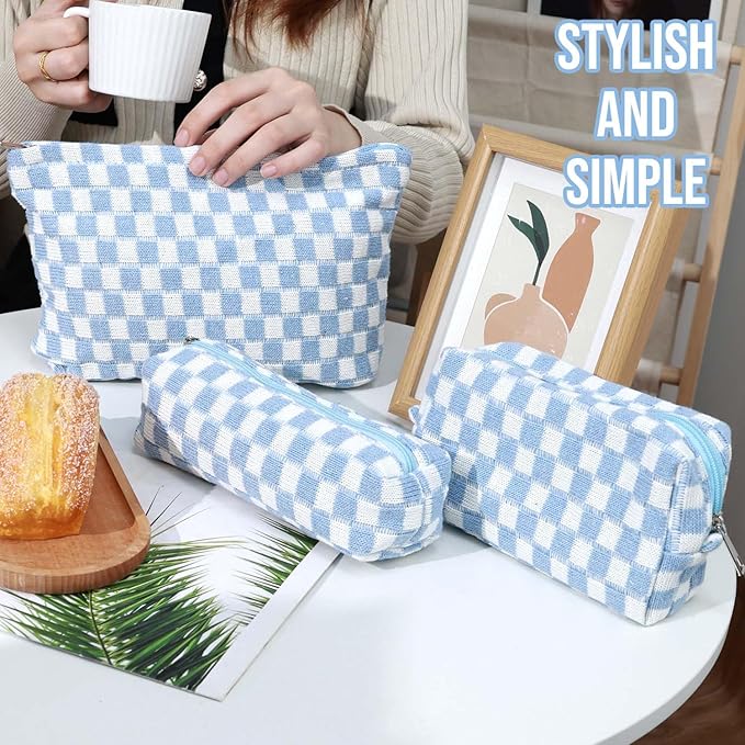Gocvo 3 Pcs Makeup Bag Cosmetic Bag Set for Girls Women Checkered Travel Organizer Bathroom Toiletry Pouch Large Capacity Storage Bag (Blue-White)