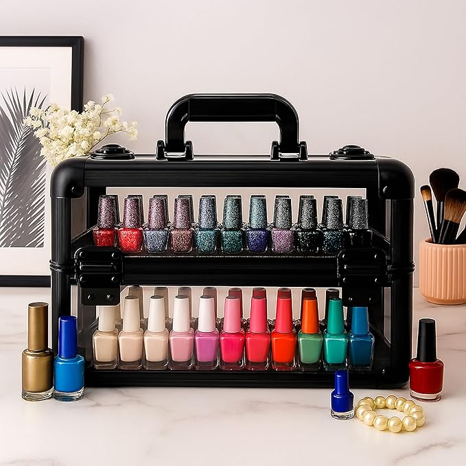 Professional Makeup & Nail Tech Organizer – Clear Acrylic Case, Holds 94 Bottles, Slide-Out Trays, Lockable Latches – Portable Storage for Brushes, Polish, Tools & Cosmetics – Compact & Travel-Ready