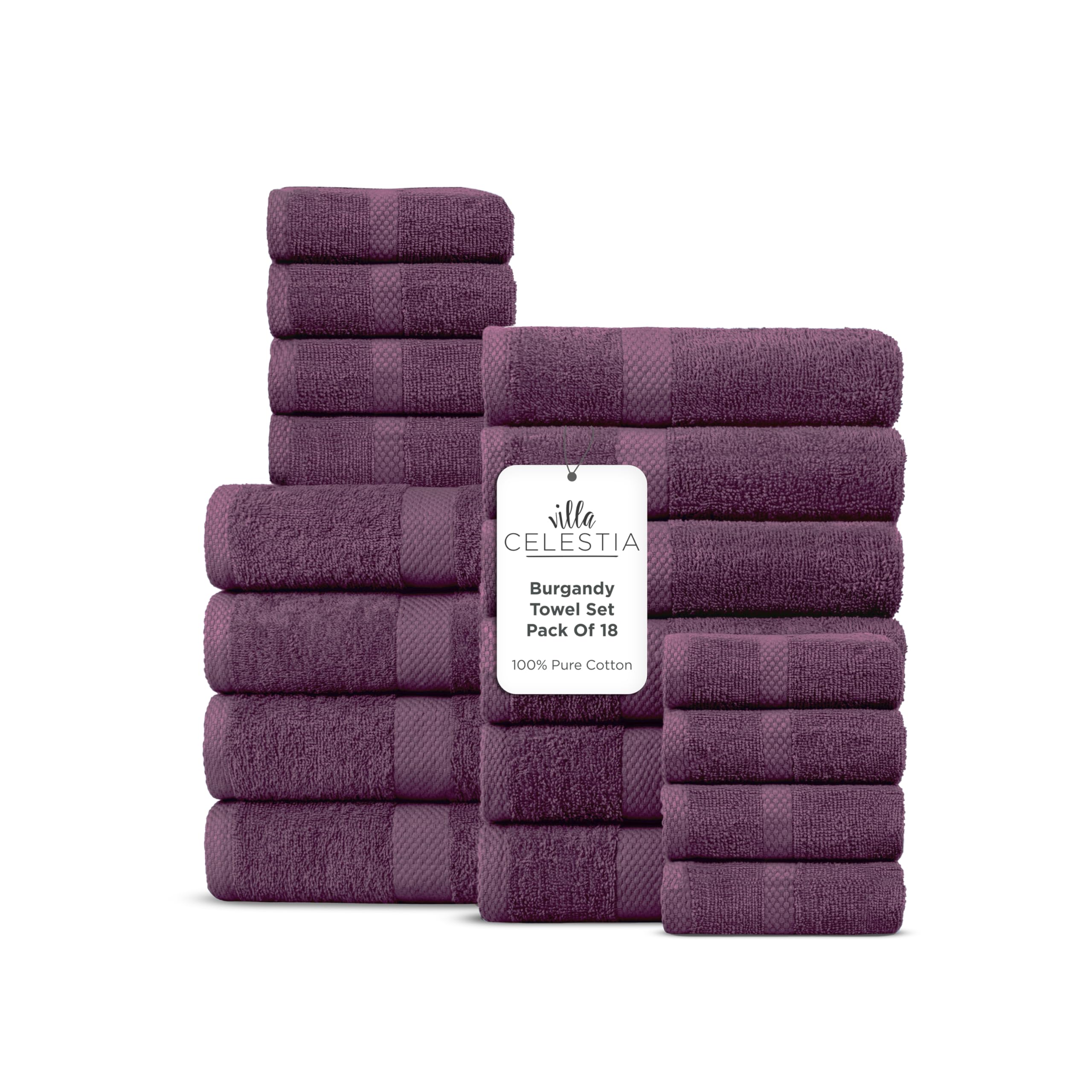 Villa Celestia 18-Piece 100% Cotton Towel Set, 4 Bath Towels, 6 Hand Towels, 8 Wash Cloth, Quick-Dry, Burgandy