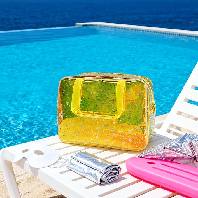 TotePrint Holographic Yellow Clear Star Large Cosmetic Bag and TPU Travel Pouch with Handle,Durable Material,Zipper Design-Ideal for Makeup,Travel Essentials (Yellow)