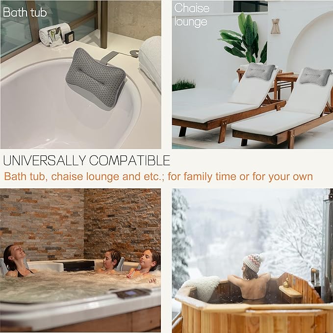 HUGABOW 2-Pack Large Pillow for Hot Tub (Grey), Spa, and Chaise Lounge - Universal Headrest & Neck Support Cushion, Adjustable Height with Long Strap, Easy Drying with Hook
