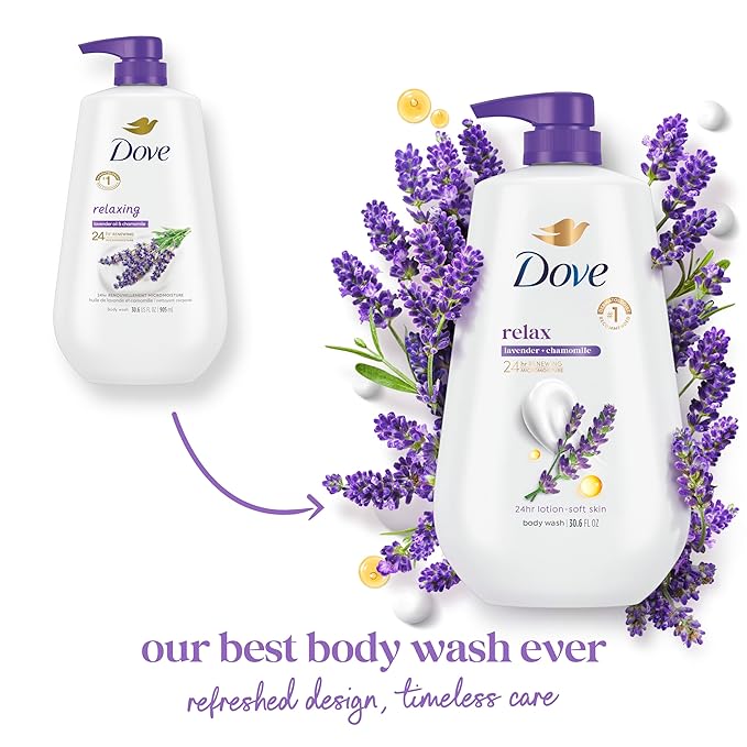 Dove 24hr Lotion Body Wash Relax Lavender Oil & Chamomile, 30.6 oz | Hydrating body wash with MicroMoisture and a calming lavender and chamomile scent