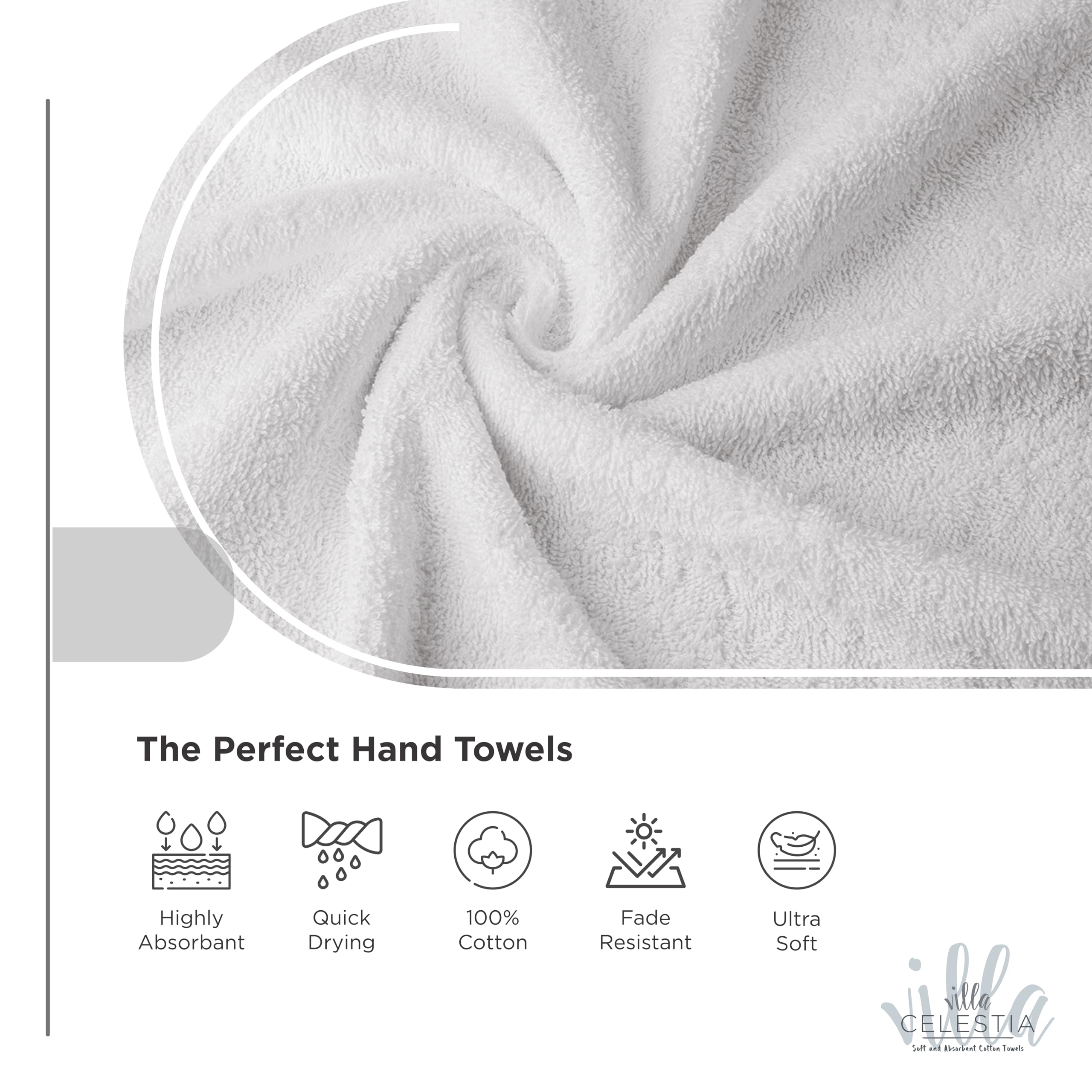 Villa Celestia Cotton Hand Towels Set of 4, 16 x 28, Oeko-TEX Certified, Quick Dry, White