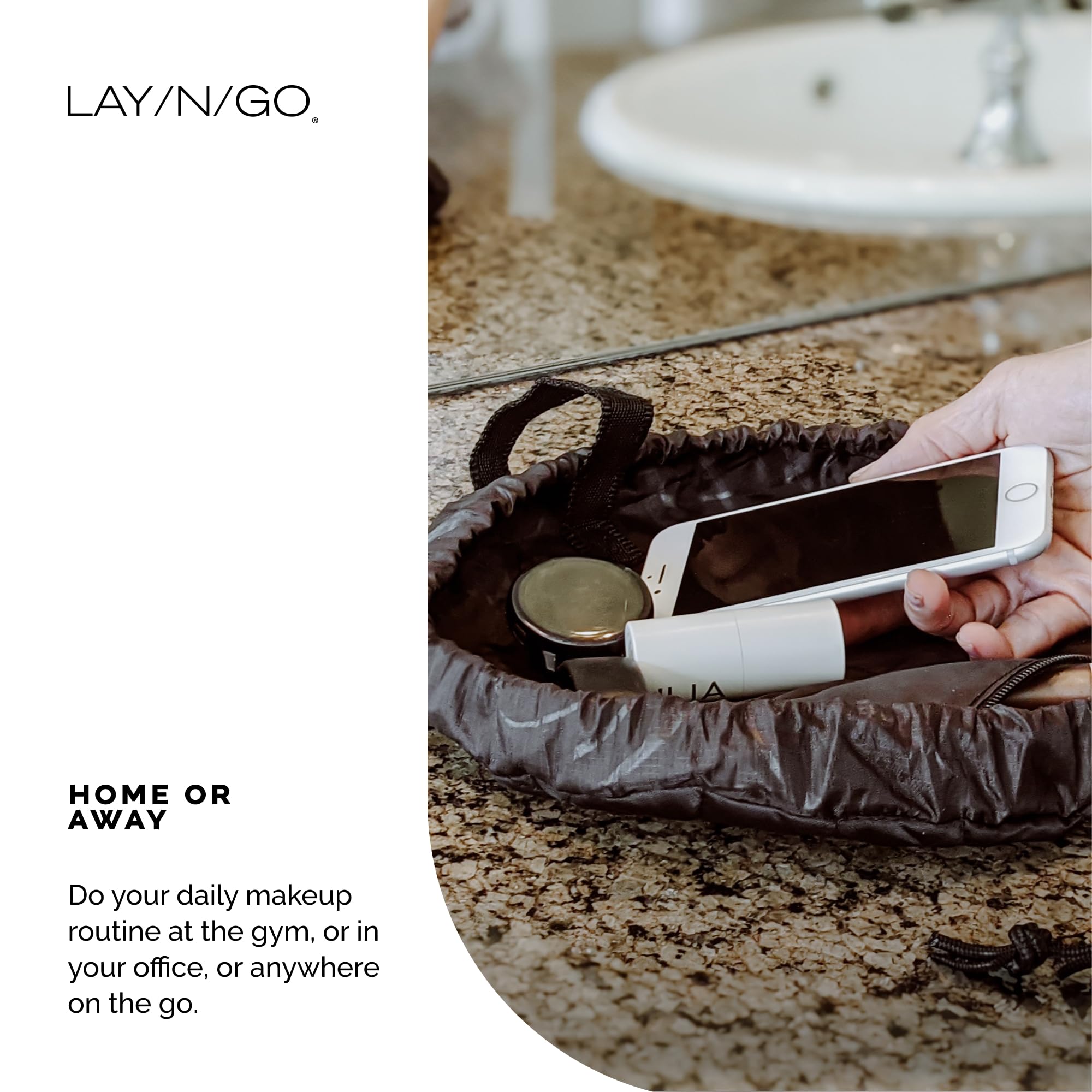 Lay-n-Go Cosmo Layflat Drawstring Cosmetic & Makeup Bag Organizer w/Zipper Pocket, Brush Loops & More, Cinch to Close, Lay Flat to Use, Durable, Machine Wash, Travel Toiletry Bag (16", Black)